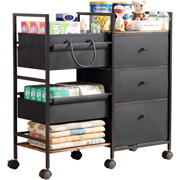 2-in-1 Diaper Caddy Organizer and Storage-3 Tier Rolling Baby Cart with Dividers and Drawers, Baby Essentials for Nursery Storage, Mobile Utility Cart with Wheels Large Capacity Easy To Assemble