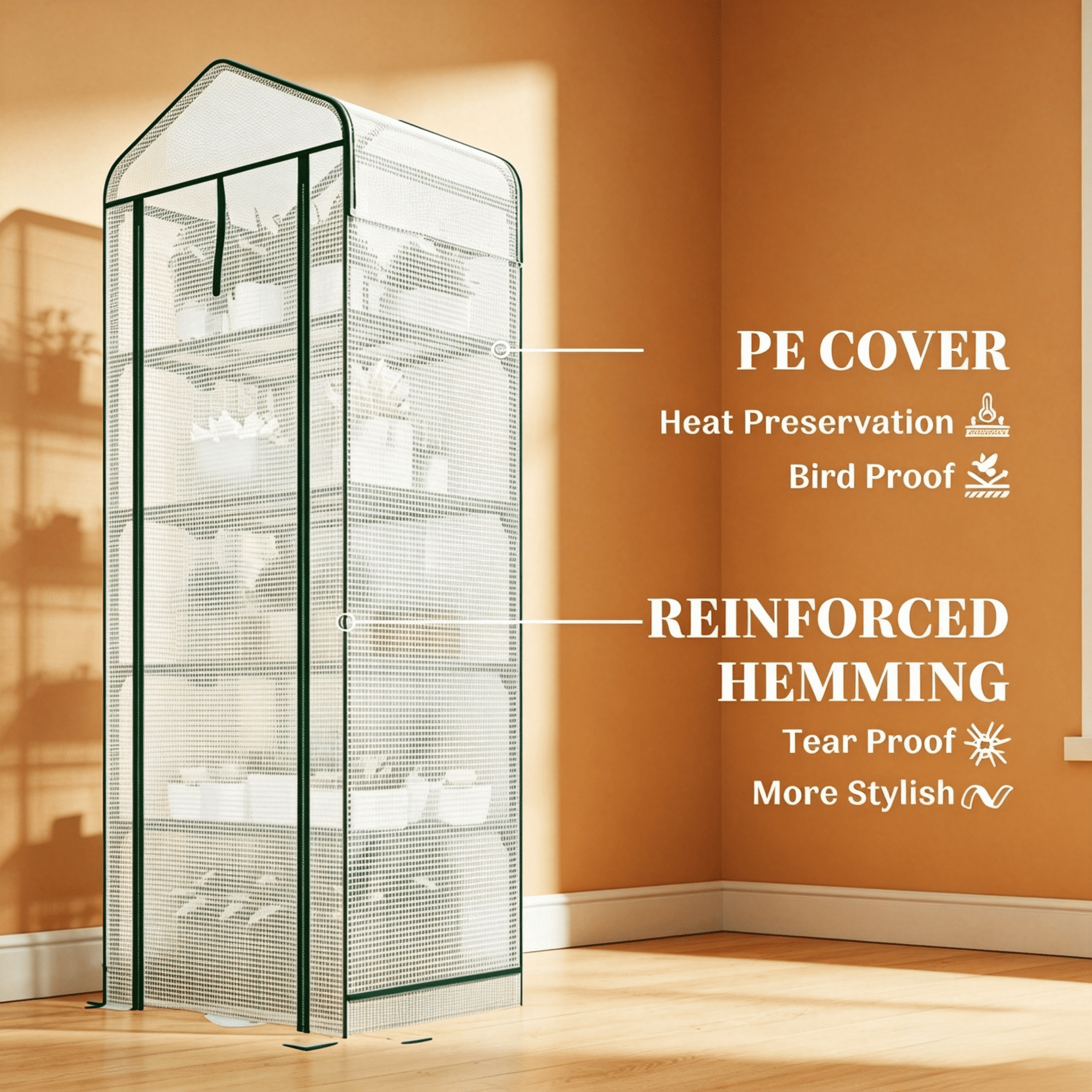 5-Tier Mini Greenhouse with Double Layer Roof, 140gsm PE Cover, Powder Coated Steel Frame, Portable Indoor Outdoor Green House for Patio Backyard Garden Plants Growing, White Dark Green