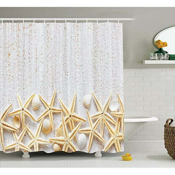 Seashells Decor Shower Curtain Set By , Sea Shells On Timber Pattern