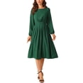thumbnail image 2 of INSPIRE CHIC Women's Long Sleeve Crewneck Casual Dress High Waist Pleated a Line Flowy Dresses S Dark Green, 2 of 5