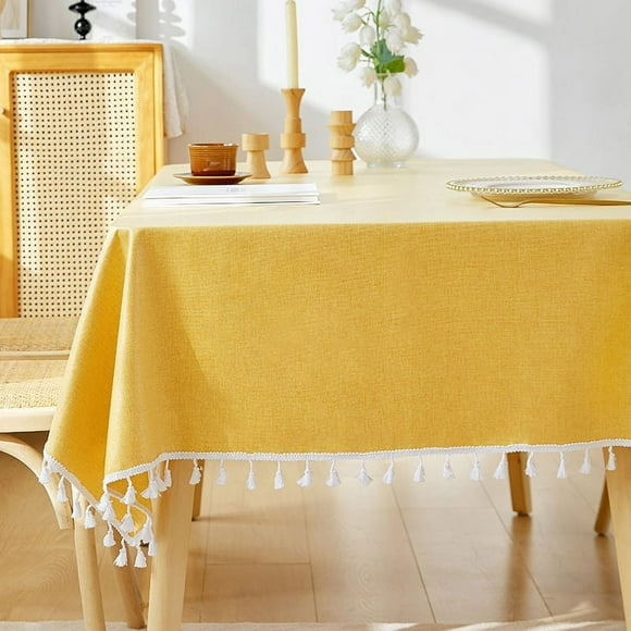 Zhuge Washable Cotton Linen Tablecloths Dust-Proof Table Cover Fabric Tassel Tablecloth for Kitchen Dinning Tabletop Home Decoration Everyday Use (Rectangle/Oblong, 55 x 86.6Inch, Linen,Yellow)