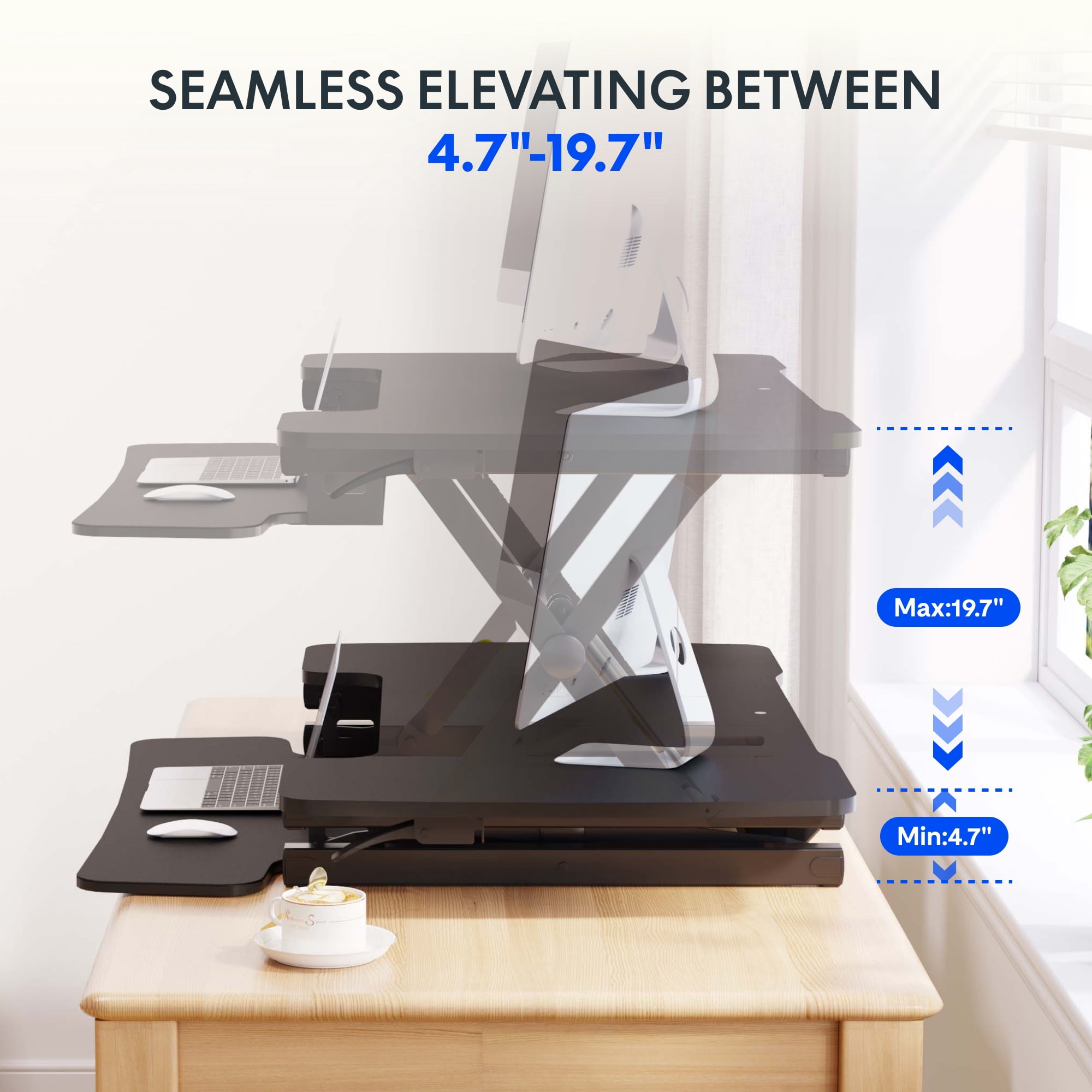FLEXISPOT 42" Height Adjustable Stand Up Desk Converter - Smooth & Effortless Lift, Compatible with Dual Monitor Mount, Removable Keyboard Tray - Sit to Stand Riser, Black