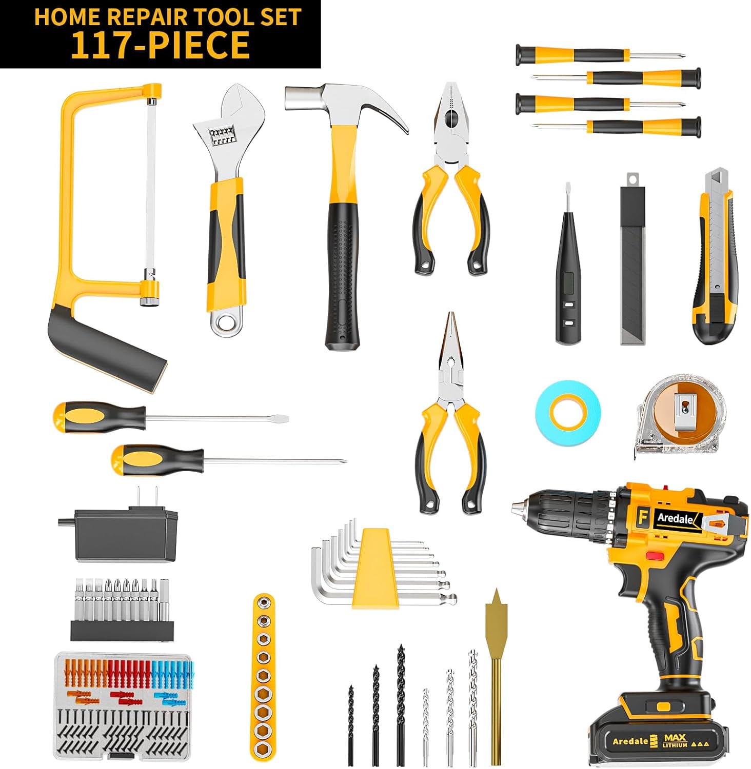 117-Piece Tool Kit with 20V Cordless Drill Mechanic Tool Set for Home & Auto Repair Toolbox Storage  Perfect for Men, DIYers, Handymen