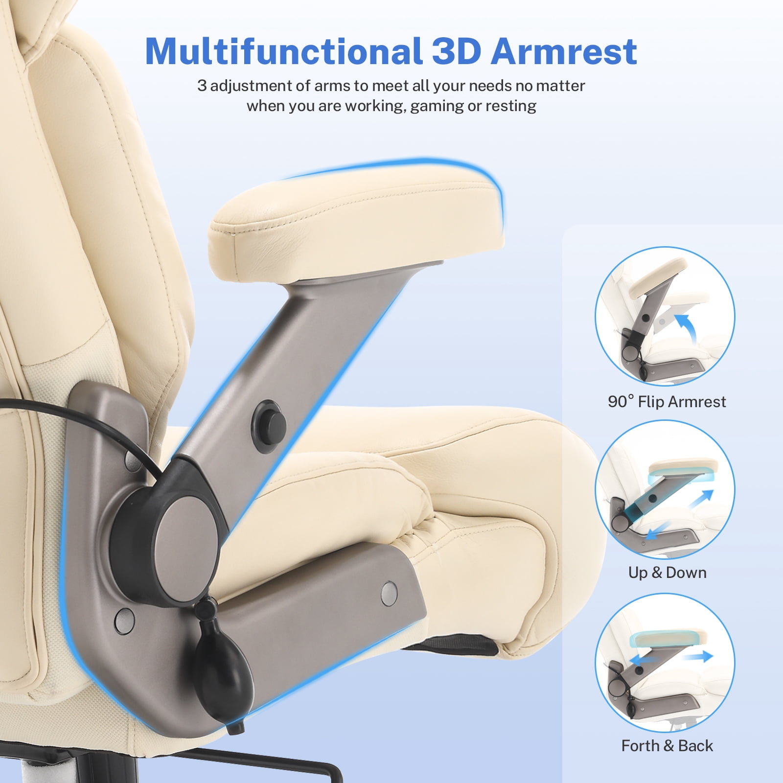WOSDOM 700lbs Big and Tall Office Chair, Heavy Duty Executive Chair, Extra Wide Seat, Adjustable Headrest and Lumbar Support, 3D Flip up Arms, Beige
