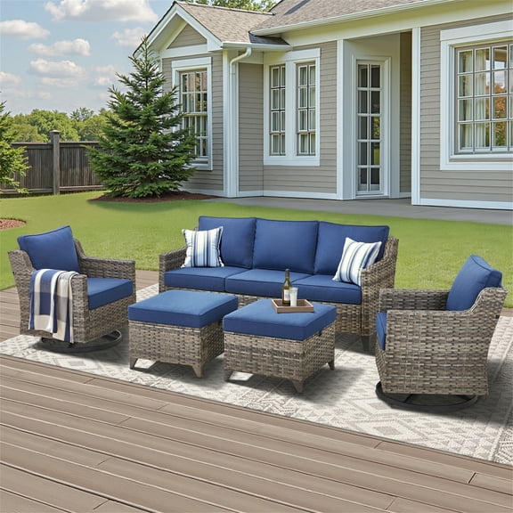 Planntonneo 5 Pieces Wicker Patio Furniture Set - Rattan Sofa with 2 Swivel Glider Chairs and 2 Ottomans, Outdoor Conversation Sets for Garden Porch Deck, Grey/Blue