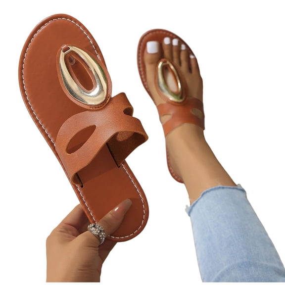Lovskoo Womens Plus Size Flat Sandals Toe Loop Metal Buckle Comfort Outdoor Beach Slides Summer