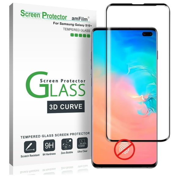 Galaxy S10 Plus Screen Protector Glass - amFilm Full Cover (Not Fingerprint Scanner Compatible) Tempered Glass Film (Black)