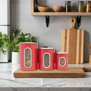 Home Basics 3 Piece Stainless Steel Top Canisters with Windows, Red