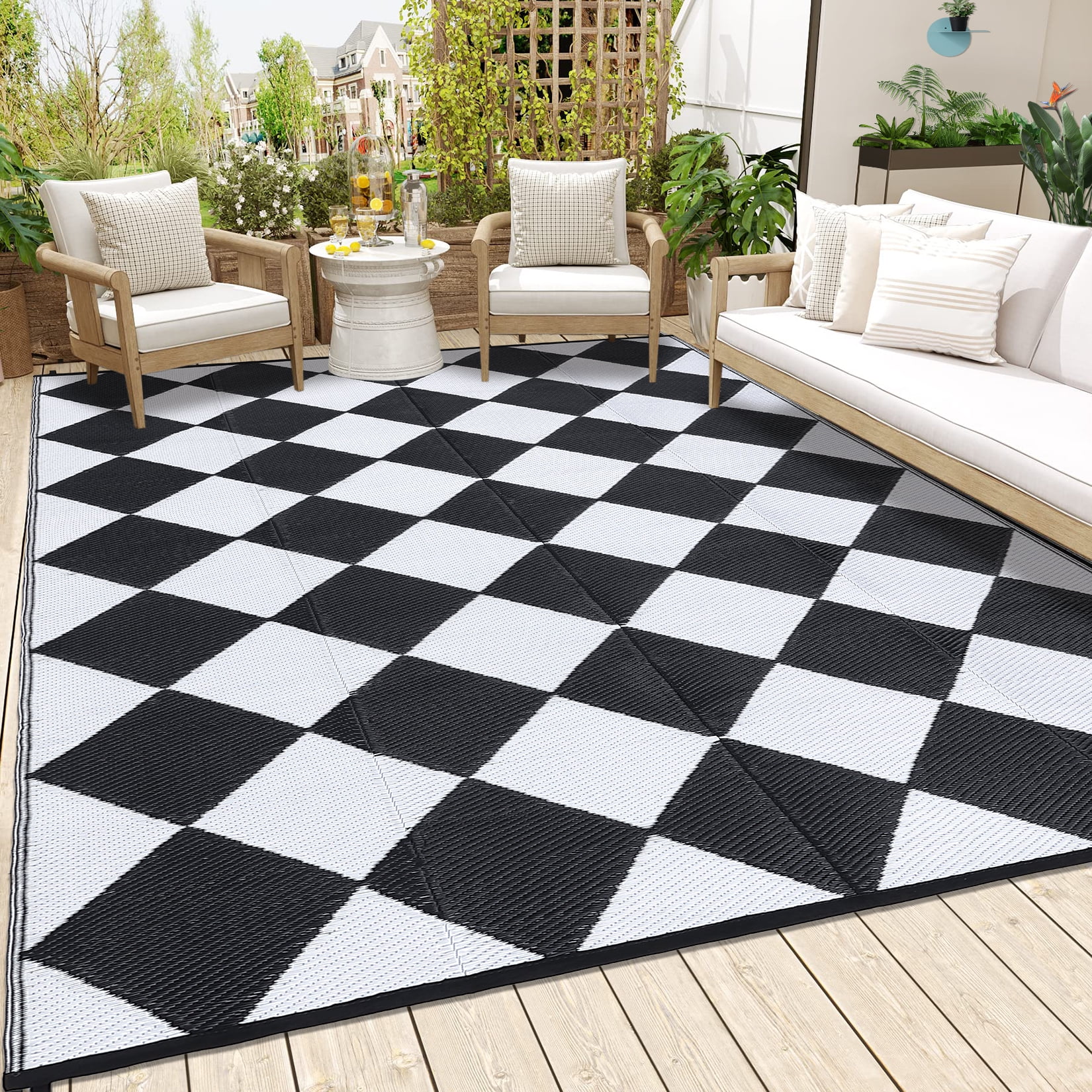 HOMERRY Geometric Plaid Outdoor Rug Straw Plastic Area Rug for Balcony Pool RV Waterproof Reversible Carpet, Black/White, 9'x 18'
