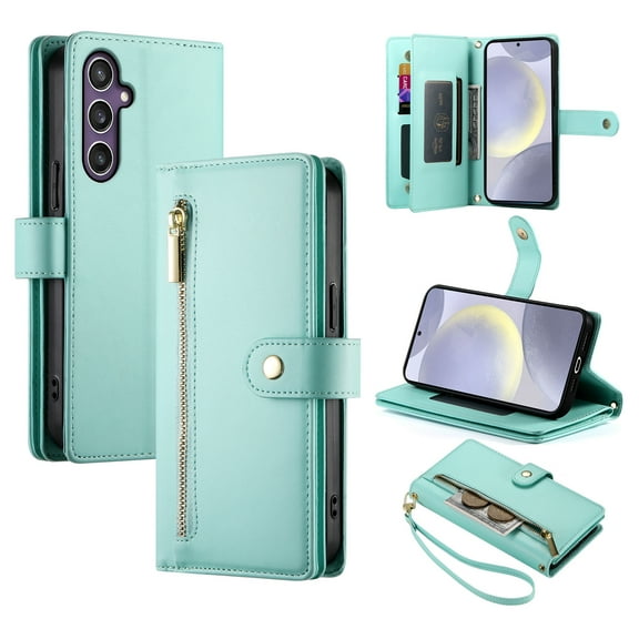 Crossbody for Samsung Galaxy A35 Phone Case Wallet with Card Slots Zipper Pocket, PU Leather Magnetic Lanyard Wrist Strap Purse Cover with Flip Stand for Samsung Galaxy A35 Women Girls, Mint