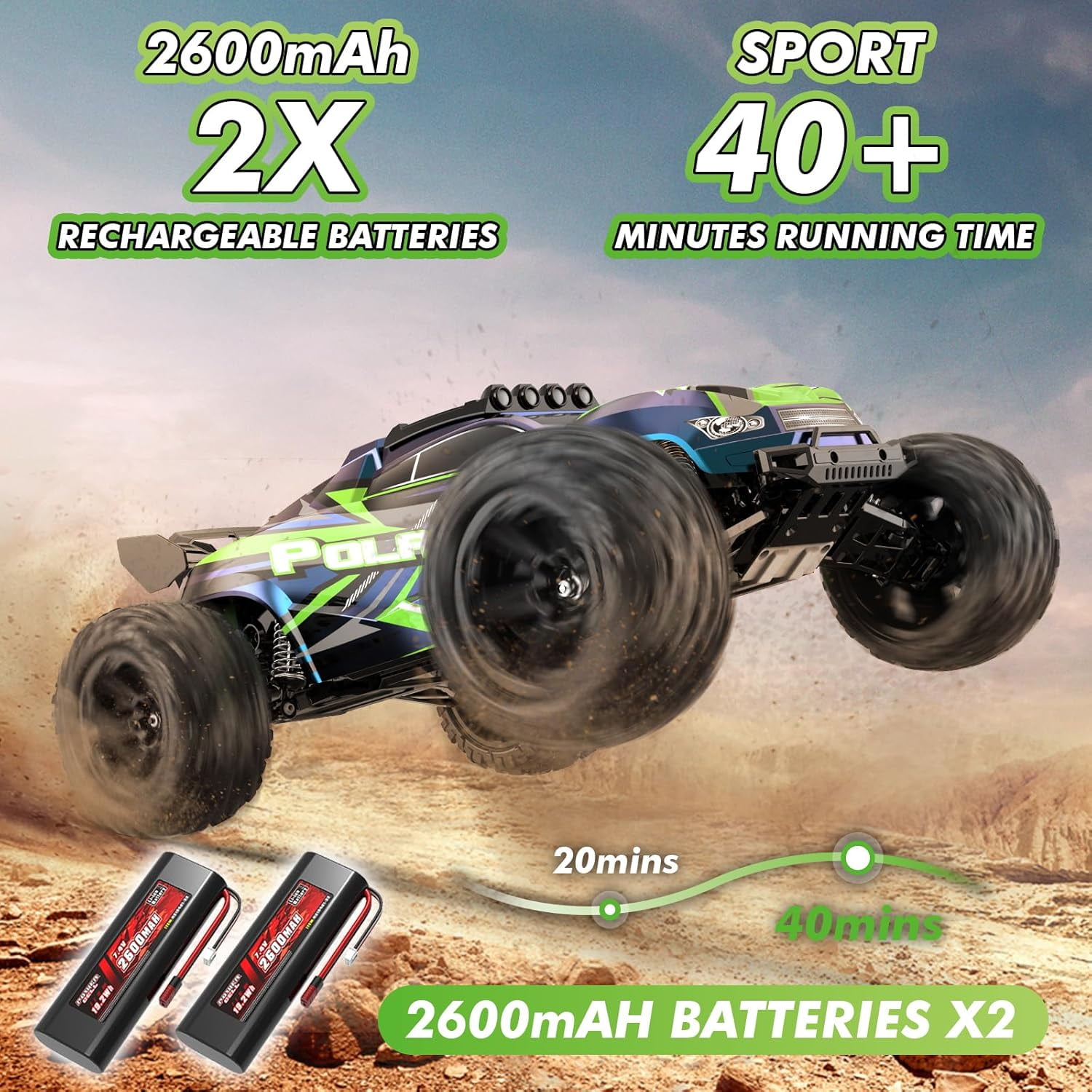 1:10 Large Rc Cars,18-Inch Remote Control Car Trucks with Lights,45+KM/H RC Off-Road Electric Truck, Includes 2 Rechargeable 2600mAh Batteries, Rc Cars for Adults & Boys