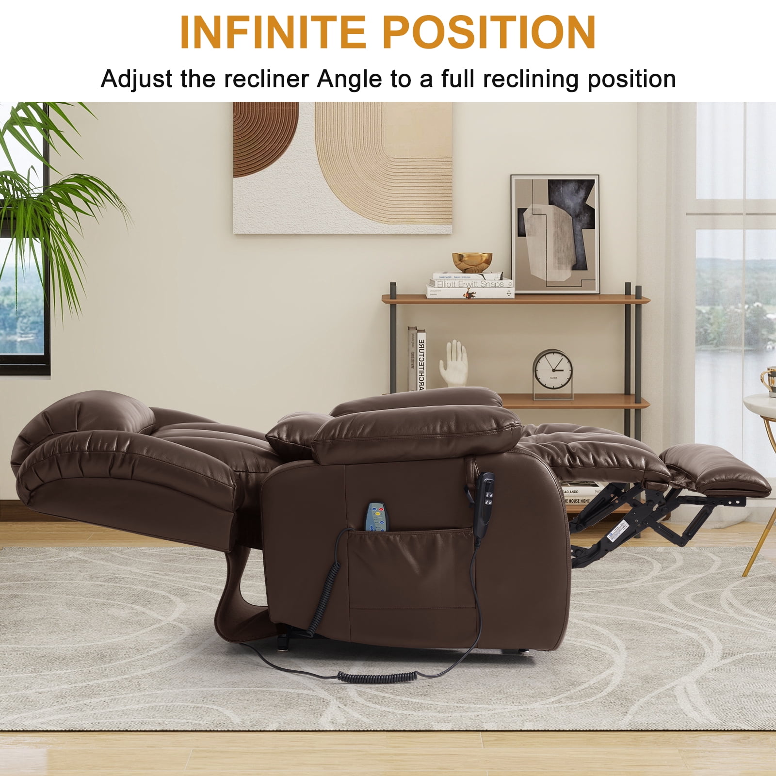 INGALIK Power Lift Recliner Chair Dual Motor, Infinite Position Lay Flat Recliners for Adult & Elderly with Heat & Massage, Large, Type-C Charge, Lumbar Pillow for Living Room, Leather (Brown)