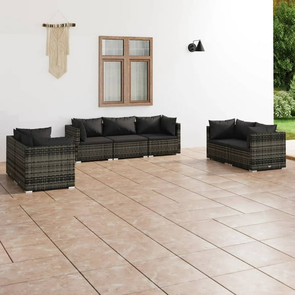 vidaXL 7 Piece Patio Lounge Set with Cushions Poly Rattan Gray, 3102269