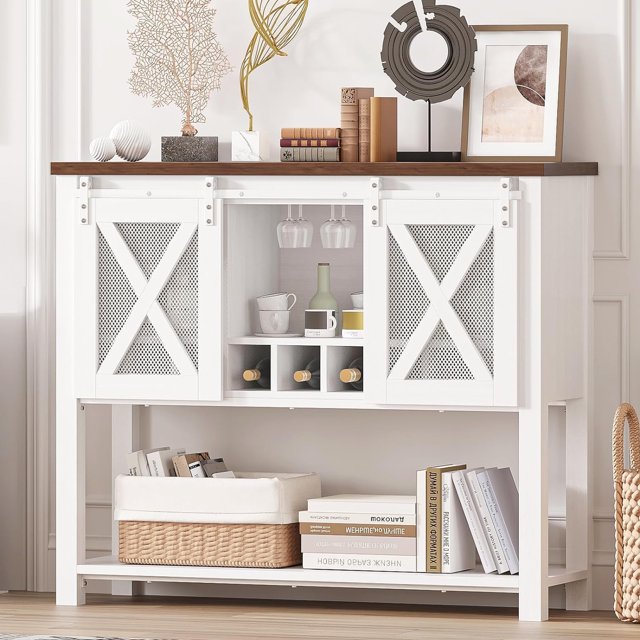 Coffee Bar Cabinet with Sliding Barn Doors & Wine Rack for Kitchen