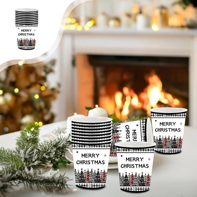 LSLJS Black White Checkered Christmas Tree Theme Party Tableware Disposable 7-inchs 9-inchs Paper Plates Paper Cups Tissue Set of Party-Themed Paper Plates Set Christmas Decorations