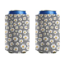 Beer Can Sleeve 2 Pack Cool Neoprene Insulated Bottle Jackets Daisy Flower Plaid Grid Beer Cooler Sleeve for Birthday Party Decoration (3.9In X4.9 In)