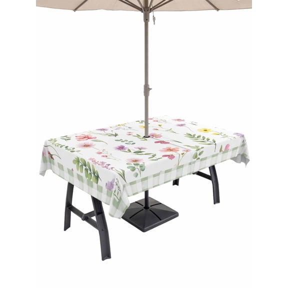 Outdoor Tablecloth with Umbrella Hole and Zipper, Spring Floral Rectangle Table Cloth 54x80 Inch Waterproof Tablecloth, Pink Flowers Sage Green Plaid Pastoral Picnic Table Cover for Patio Camping