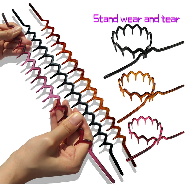 3 Set Zig Zag Headbands for Women Men, Plastic Sharks Tooth Hair Comb Headband (1 Black+1 Amber+1 Claret), Hair Accessories for Wear