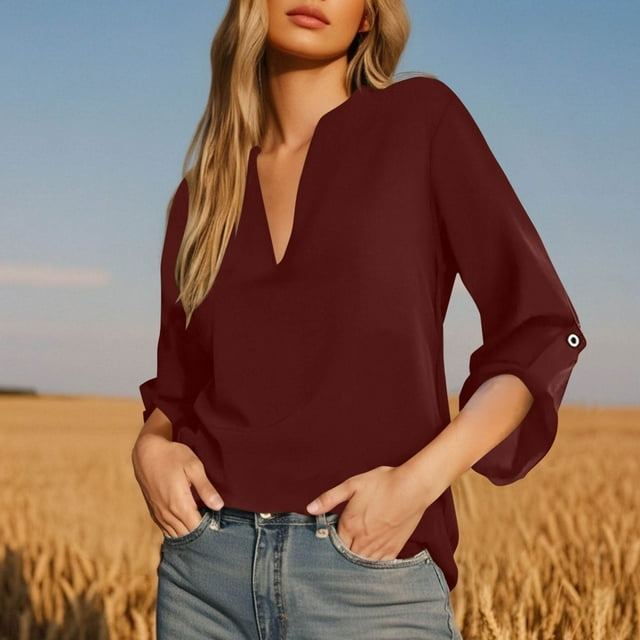 T-shirts pour Femmes Grande Taille Manches 3/4 Chemise Col en V Poignets Couleur Unie Chemise Décontractée Ample Rouge m