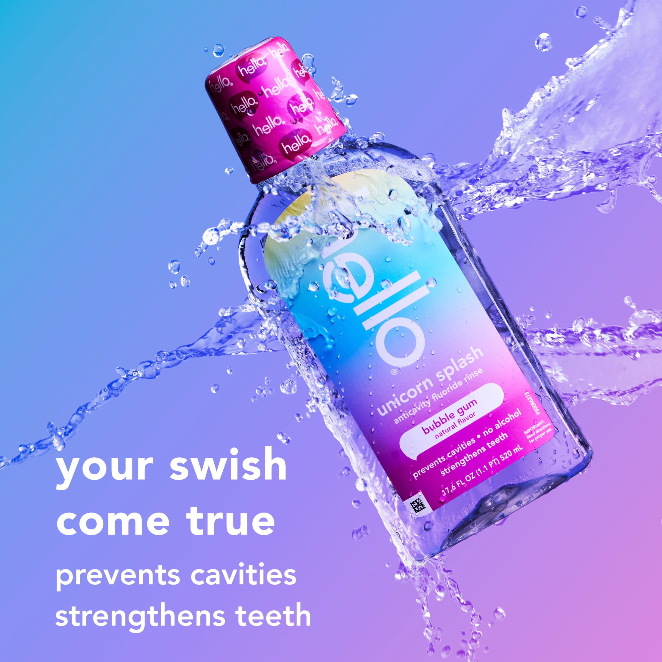 hello Unicorn Splash Kids Mouthwash with Fluoride, Bubble Gum Natural Flavor, 17.6 fl oz