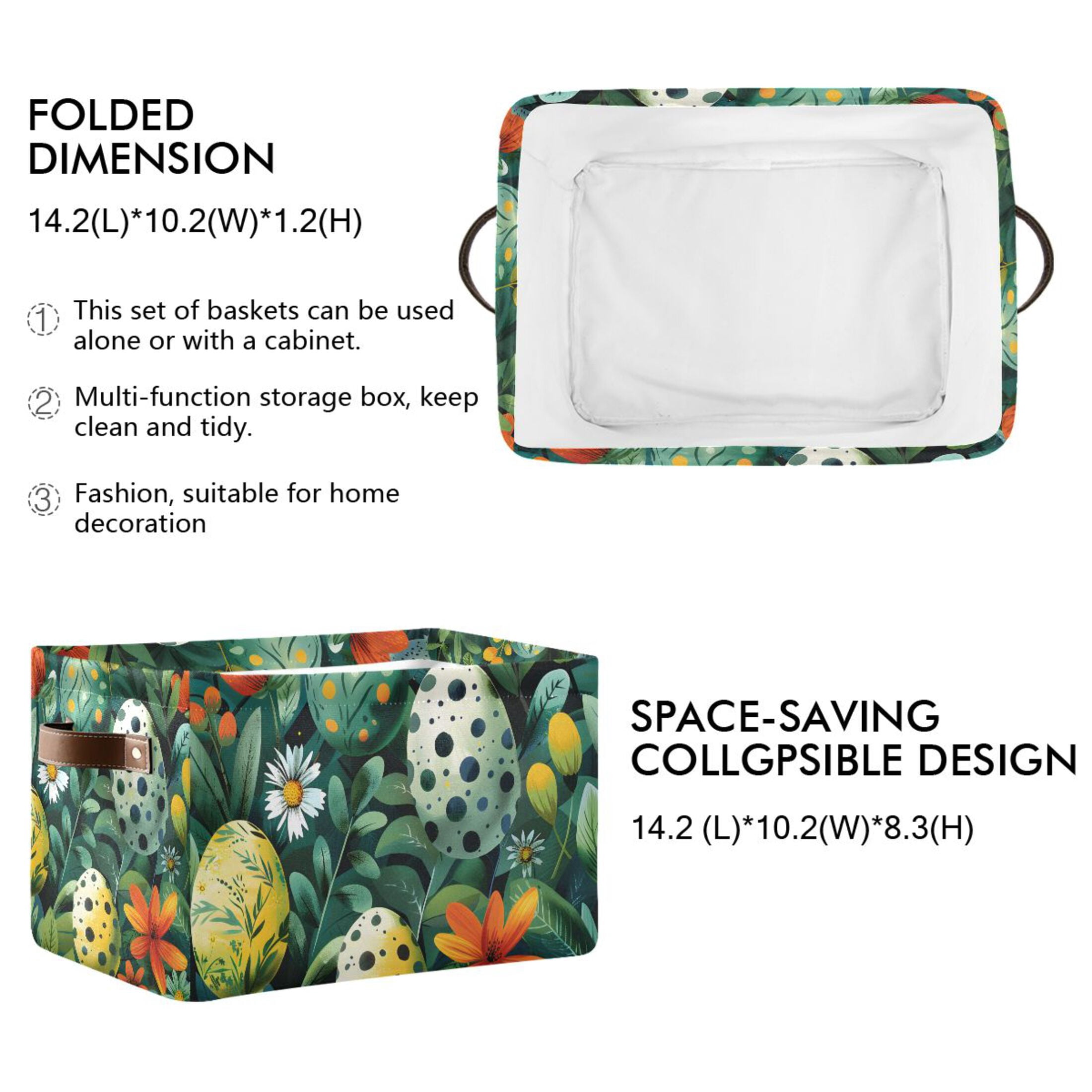 Ryvnso Easter Eggs in Floral Storage Basket Large Bin Foldable Boxes Toys Organizer 14.2x10.2x8.3in 2 PCs
