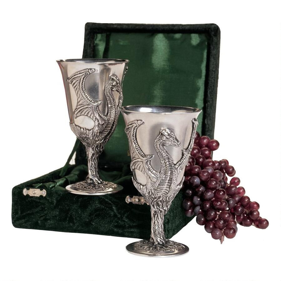2 Set of Silver Dragon Wine Goblet Skulls Steampunk Collectible Home Decor Gift 