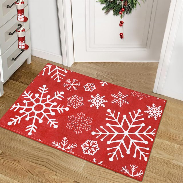 Christmas Area Rug 2 x 3 mas Holiday Winter Decor Door Mat Bathroom Mat Snowflake Pattern Accent Rugs Non-Slip Washable Floor Mat for Indoor Outdoor Entryway Entrance Bedside