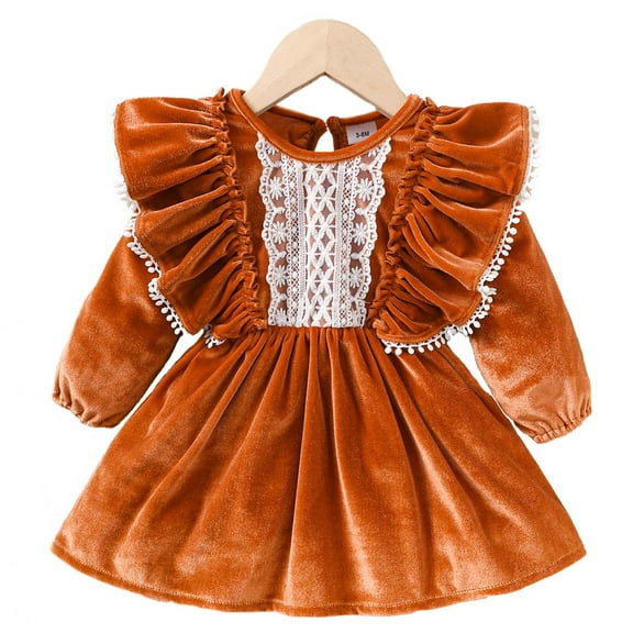 Kucnuzki Newborn Baby Girls Dress Round Neck Ruffle Long Sleeves Dress A-Line Princess Dress Fall Winter Brown 3-6 Months