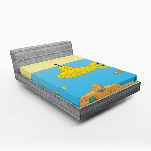 Ambesonne Yellow Submarine Fitted Sheet, Sea Creatures, Queen Size, Blue Yellow Beige