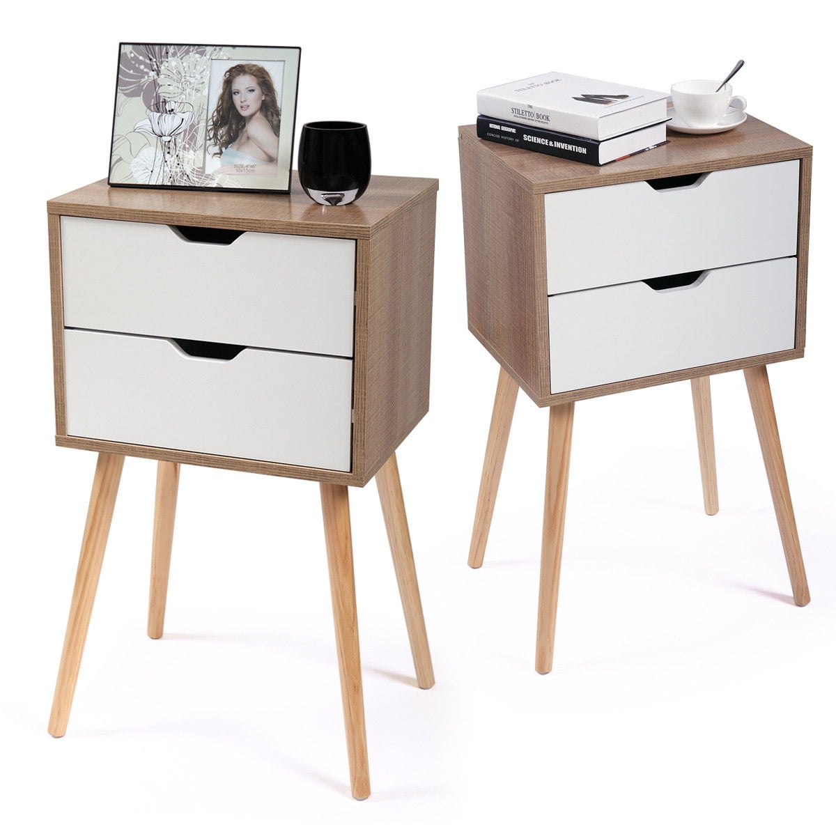 White Wooden Bedside Table 2x Beige Removable Fabric Drawer Furniture Bedroom 