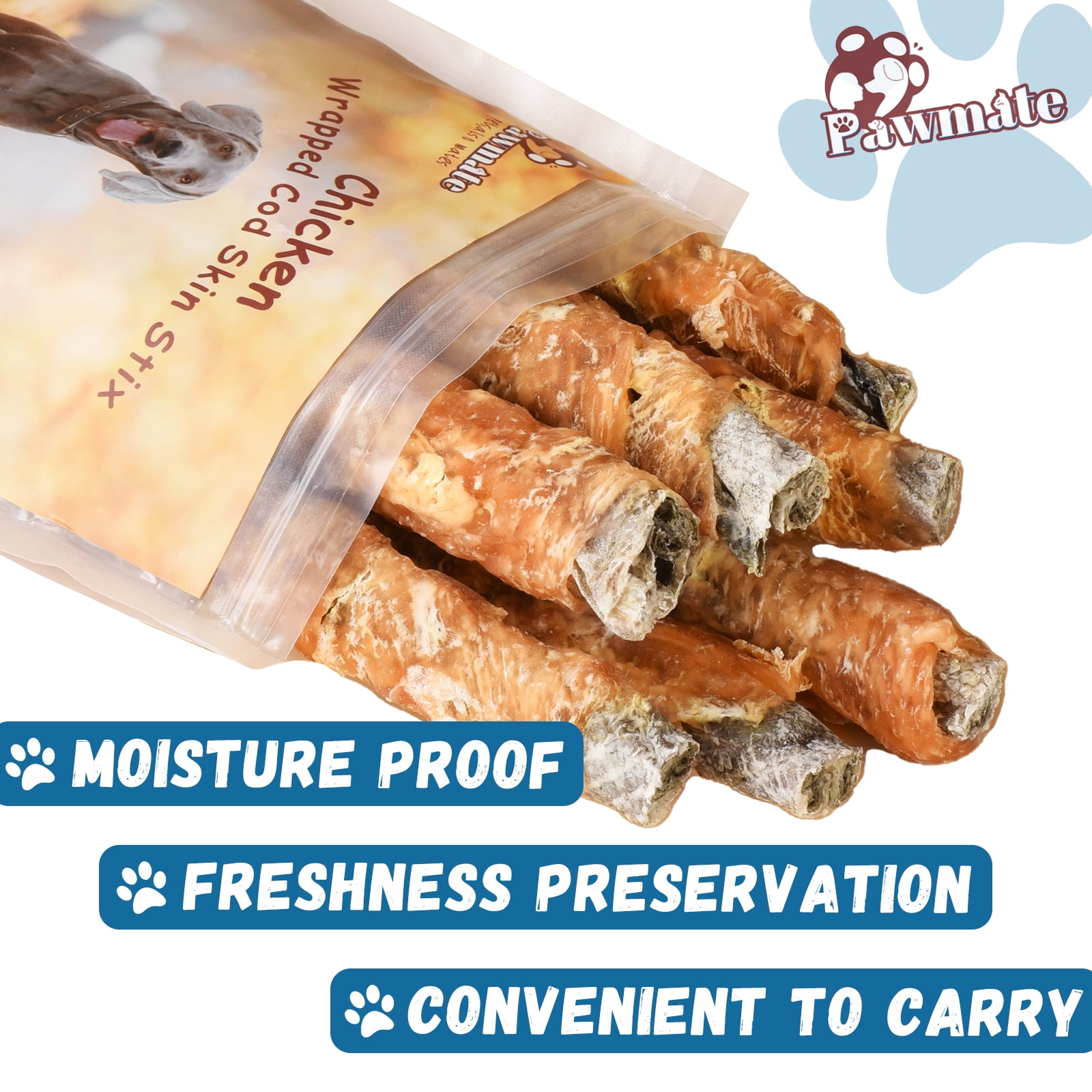 (2 pack) Pawmate Chicken Wrapped Cod Fish Skin Stick Dog Treats, Omega3 Cod Twist Dog Chews, Teeth Cleaning for All Dogs, 11 oz
