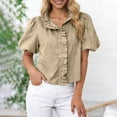 thumbnail image 2 of Craaazy Women Short Sleeve Tops Relaxed Fit Stripe Ruffle Neckline Puff Sleeve T-Shirts Casual Soft for Going Out Summer Vacation, 2 of 8