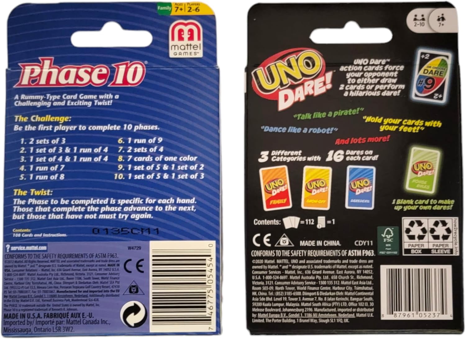 Mattel Uno Dare and Phase 10 Bundle Pack of 2 Games