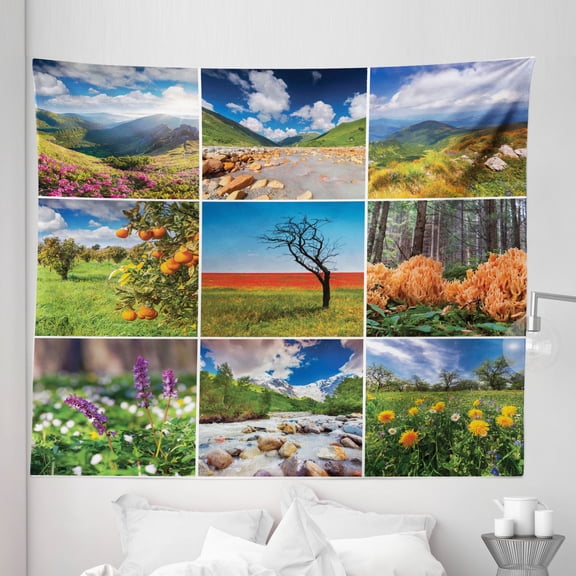 Nature Tapestry, Collage with Summer Scenery Majestic Mountains Waterfalls High Lands Environment, Fabric Wall Hanging Decor for Bedroom Living Room Dorm, 5 Sizes, Multicolor, by Ambesonne