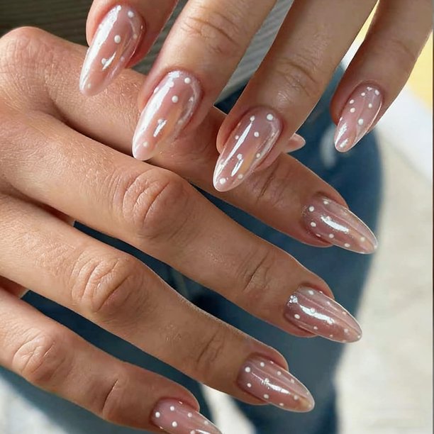 Set de uñas postizas Press On Wisewo French Almond con lunares, 24 piezas