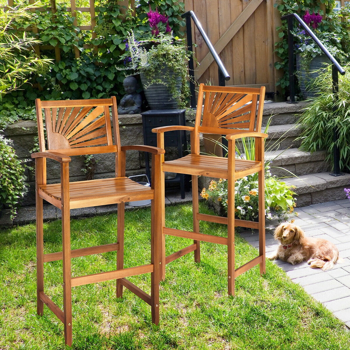 Gymax Set of 2 29.5" Bar Chair Acacia Wood Barstools w/ Sector Backrest & Slatted Seat