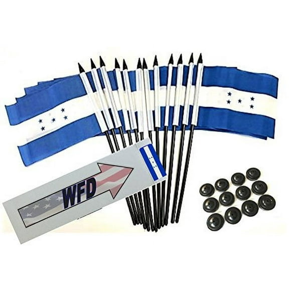 Box of 12 Honduras 4"x6" Polyester Miniature Desk & Little Table Flags, 4x6 Honduran Small Mini Hand Waving Stick Flags with 12 Flag Bases (Stands)