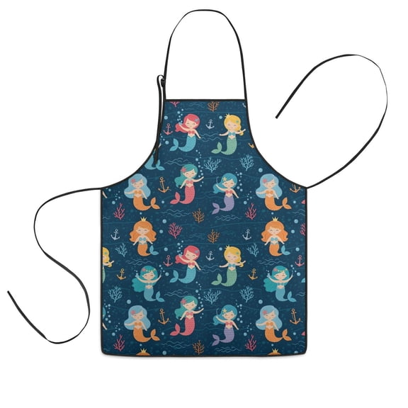 Dark Blue Mermaid Pattern Kids Aprons for Girls and Boys,Adjustable Neck Strap Toddler Aprons for Kids Cooking Baking,23.6"x19"