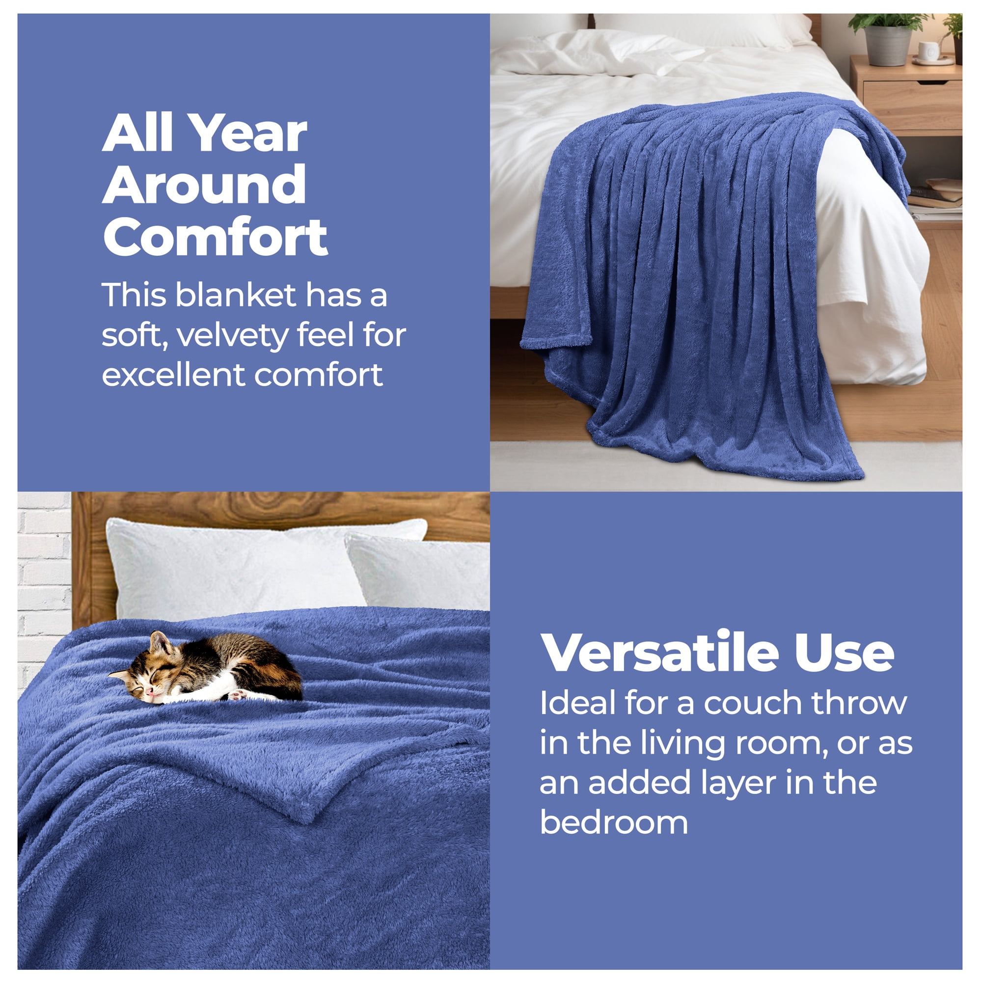 BNM Solid Fleece Soft Plush Blanket, Throw XL, Blue