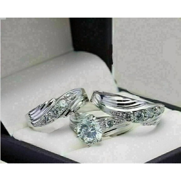 His/Her 14K White Gold Plated Lab-Created Diamond Wedding Trio Bridal Ring Set