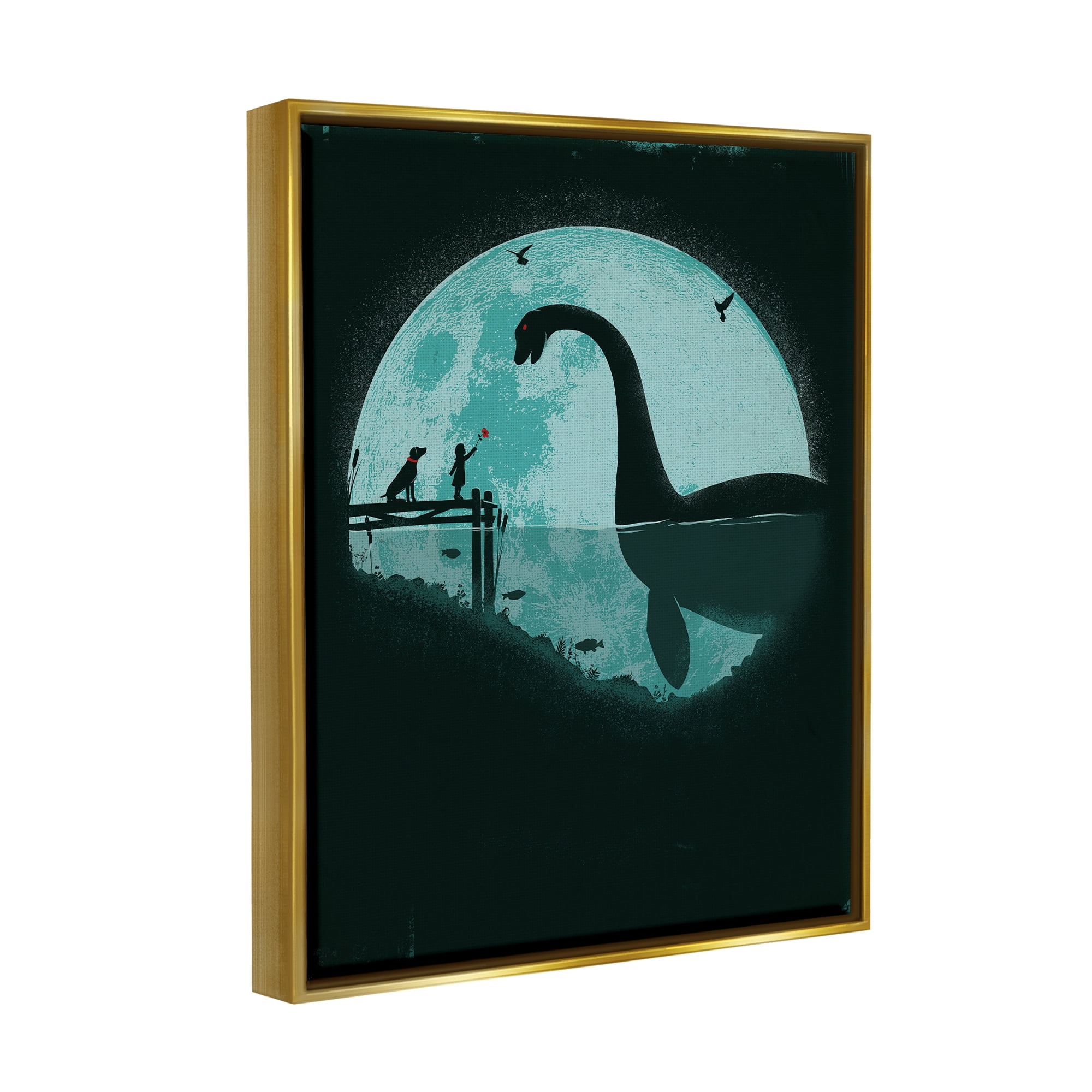 Stupell Industries Girl & Loch Ness Fairy Tales & Fantasy Painting Gold Floater Framed Canvas Art Print Wall Art, 17 x 21