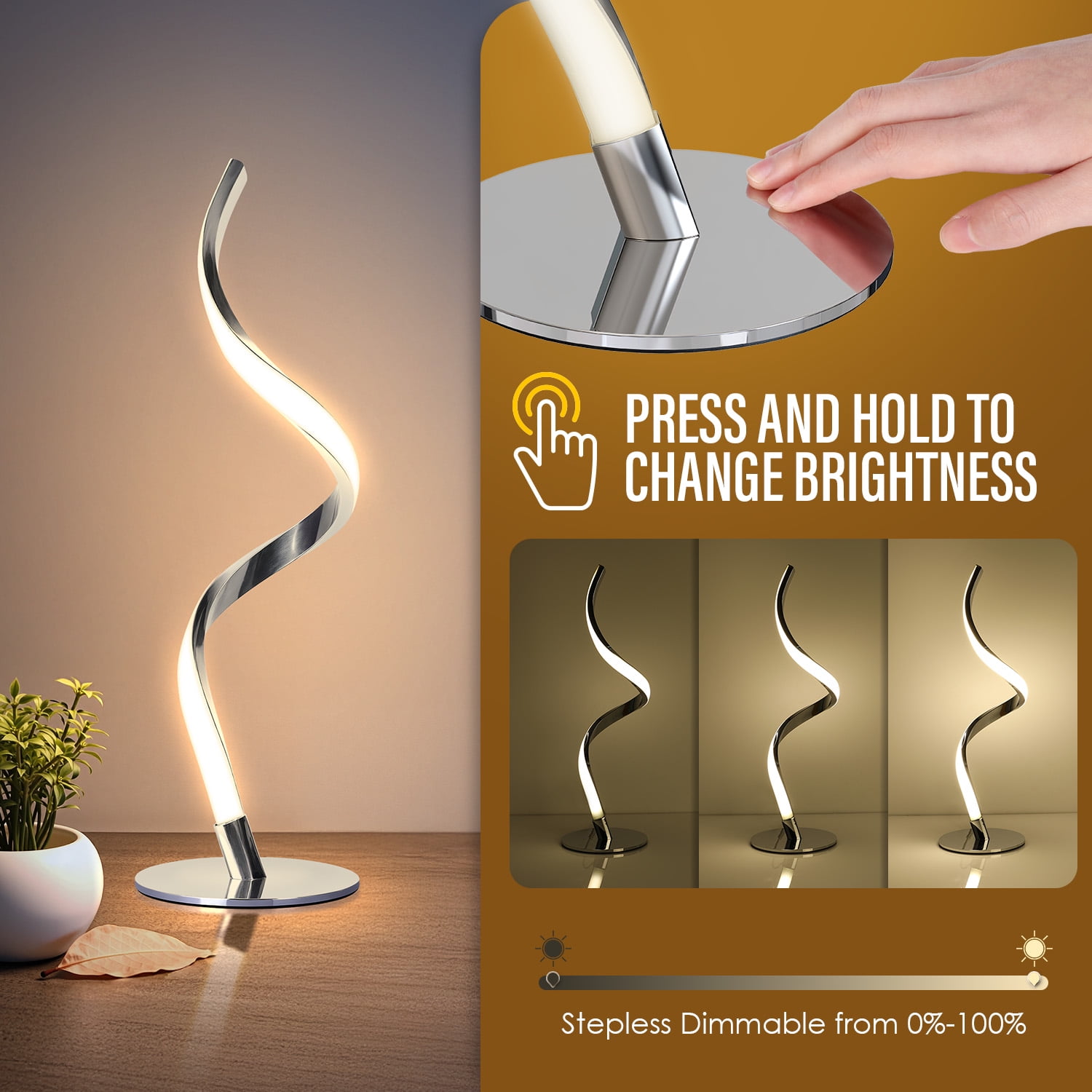 Modern Spiral Table Lamp -Touch Control Bedside Lamp, 3 Colors & Fully Stepless Dimmable Nightstand Lamps for Bedroom, Living Room & Office(3000K 4000K 5000K)