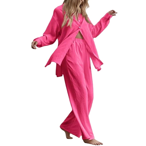 SAYOO Trajes casuales para mujeres, blusa de manga larga con solapa de color sólido + pantalones elásticos SAYOO moda
