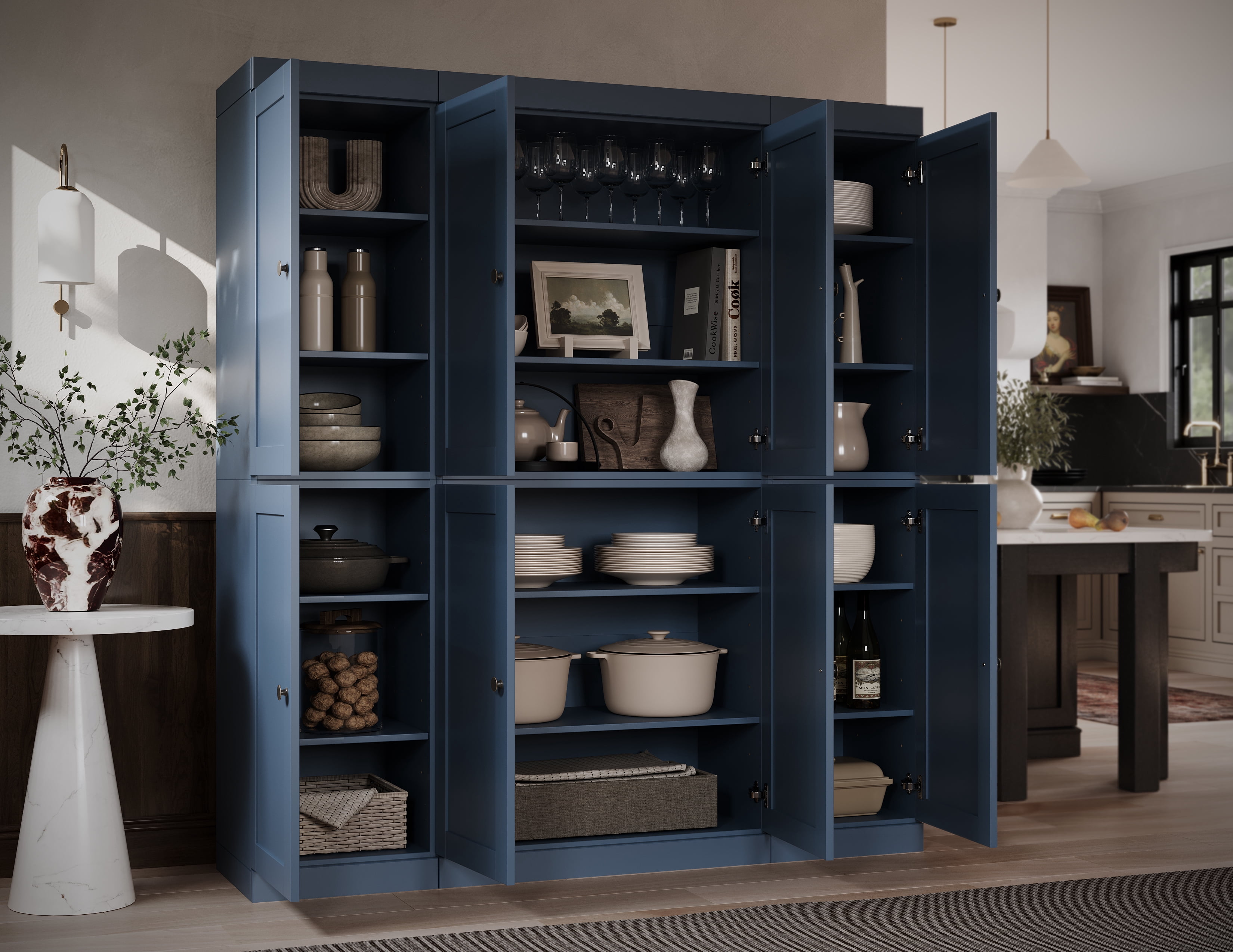 100% Solid Wood Kitchen Pantry Storage Cabinet with Shaker Doors and Adjustable Shelves, Free-standing Antique Blue Wooden Modular Tall Cabinets