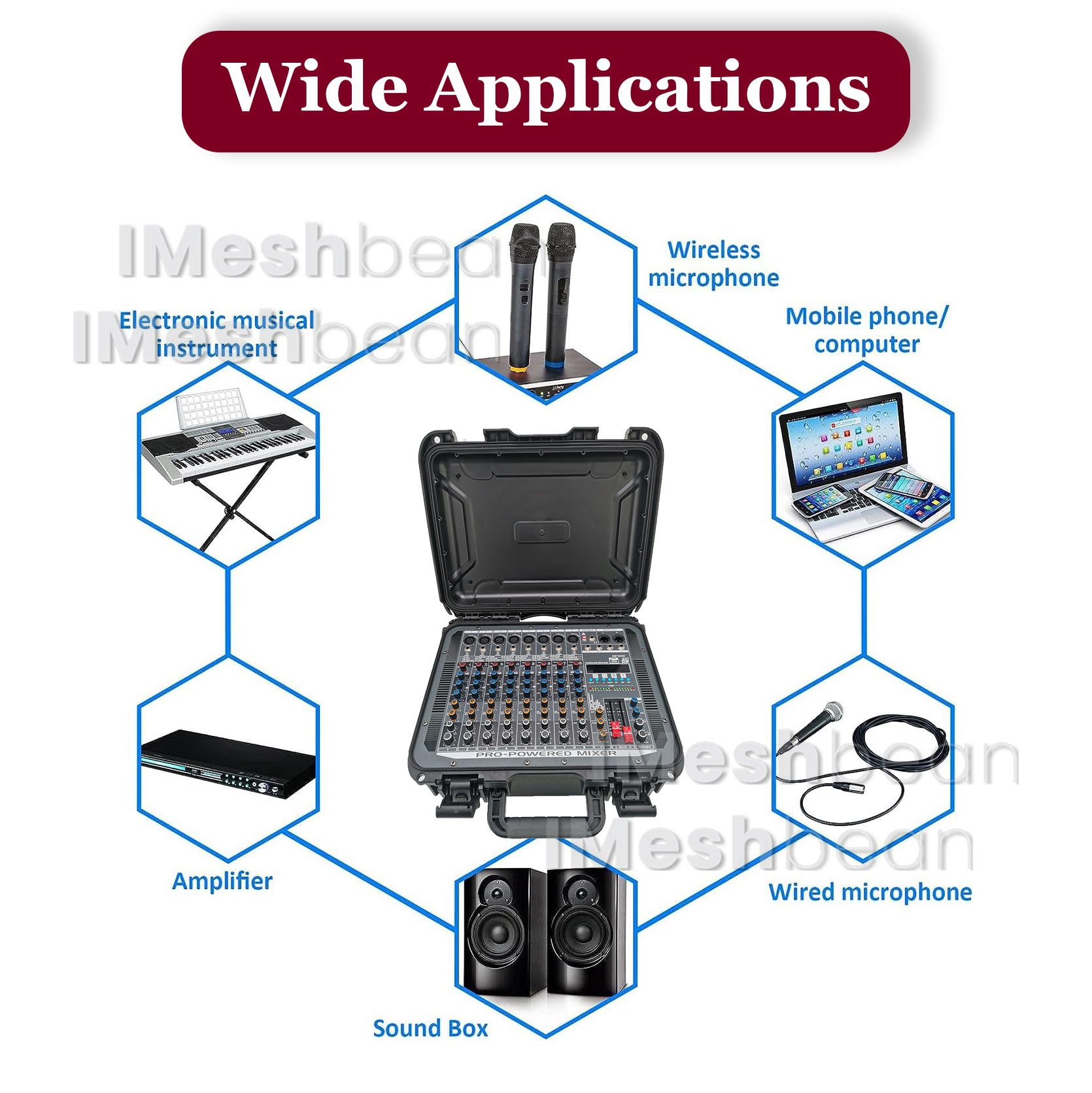 iMeshbean Professional 8 Channel Mixer With Power Amplifier with USB Drive for PC Recording 48V Phantom Power Stereo DJ Studio Streaming 110-220V