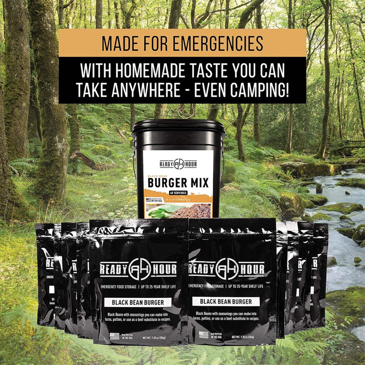 Black Bean Burger Mix, Real Non-Perishable Recipe, 25-Year Shelf Life, Emergency and Adventure Food Supply, Includes 10 Resealable Pouches, 60 Servings