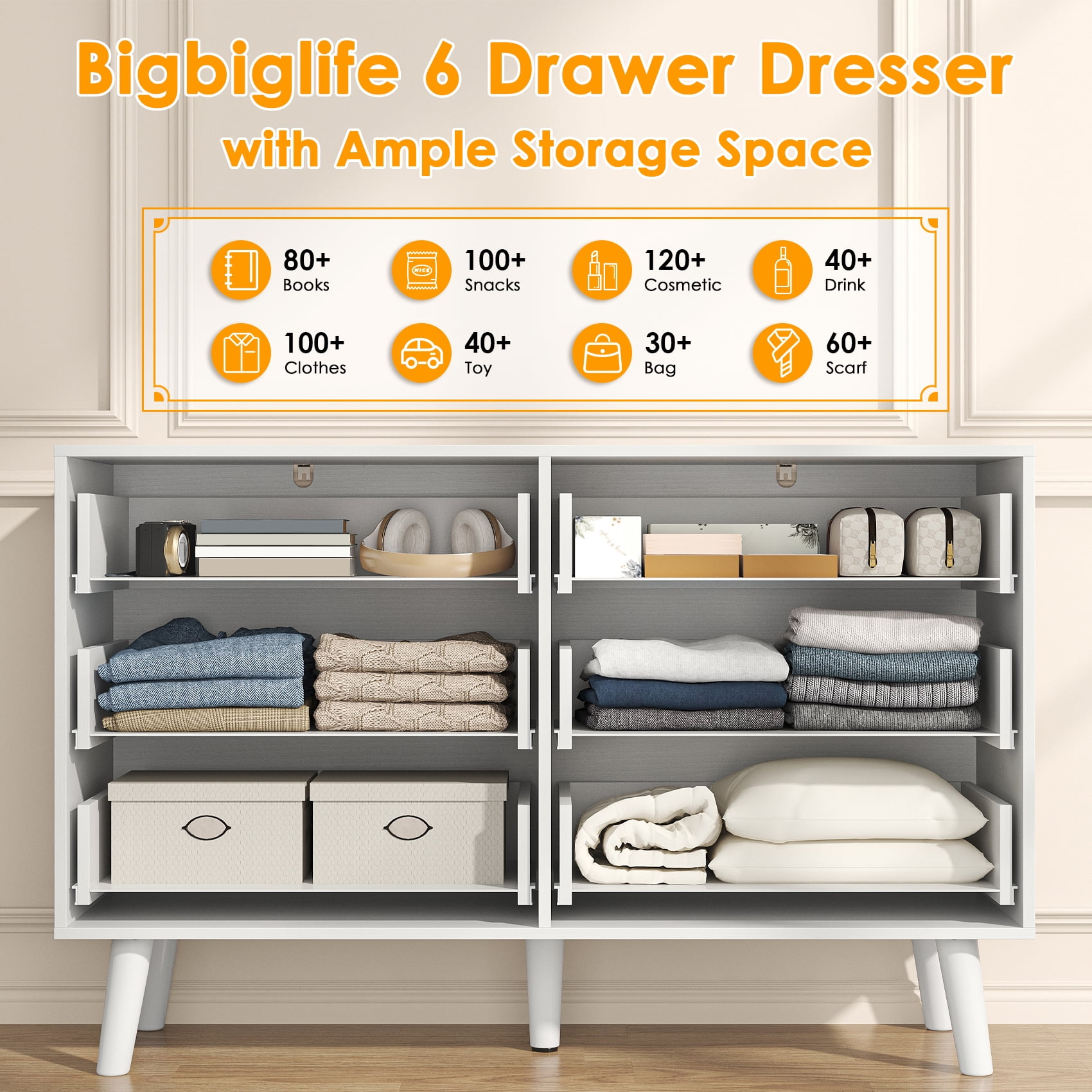 Meteorleg 6 Drawer Dresser for Bedroom, Wood Dresser with Wide Drawers and Metal Handles,Modern Dresser Chest for Bedroom,Living Room,Entryway