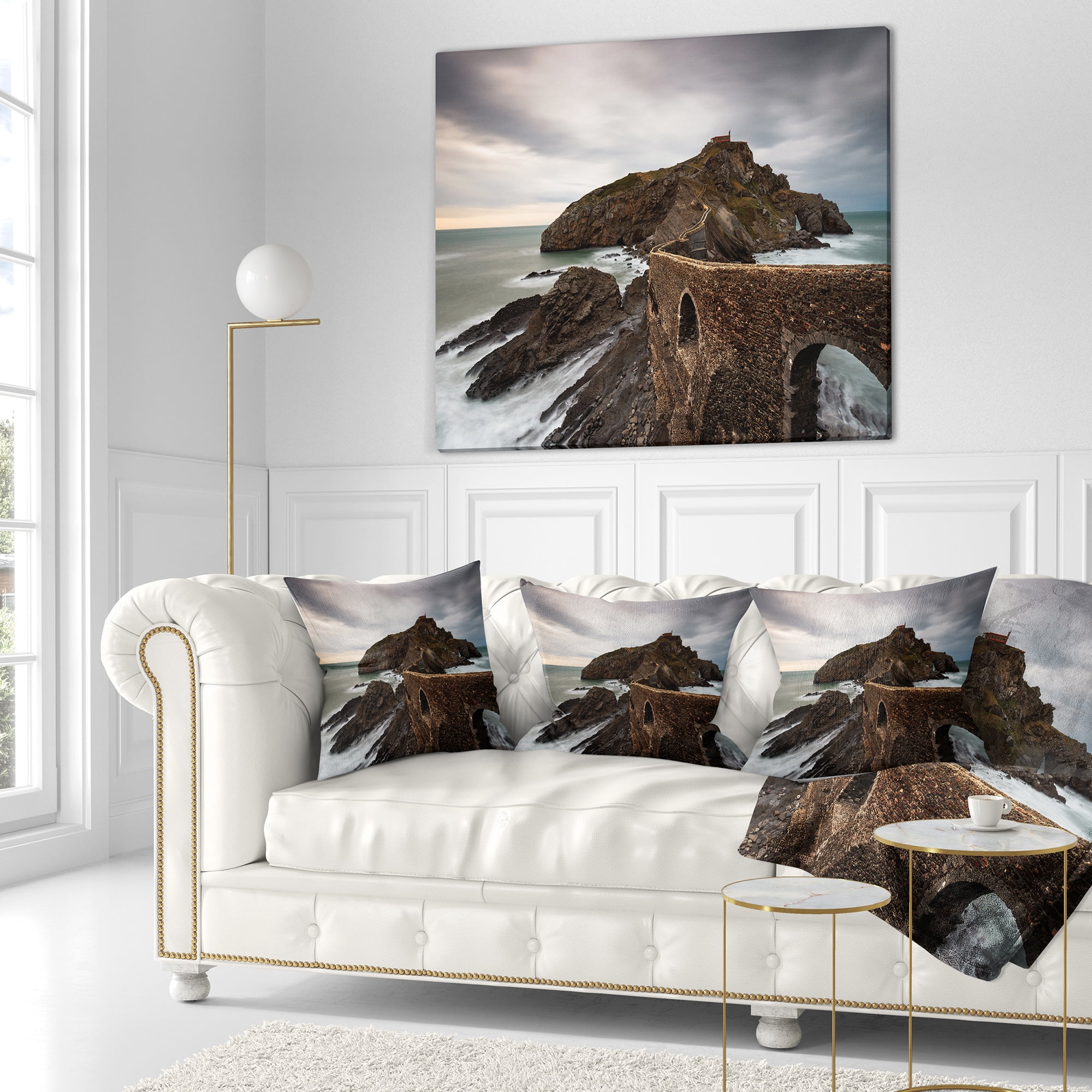 Designart Cape and Chapel in Spanish Beach - Seashore Photo Throw Pillow - 16x16