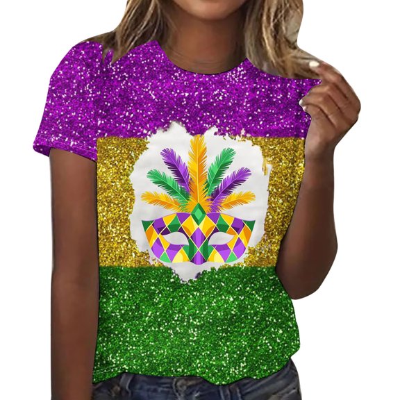 S LUKKC LUKKC Mardi Gras Shirt For Women Summer Carnival Theme Party Outfits Casual Fashion Print Round Neck Short Sleeve Top