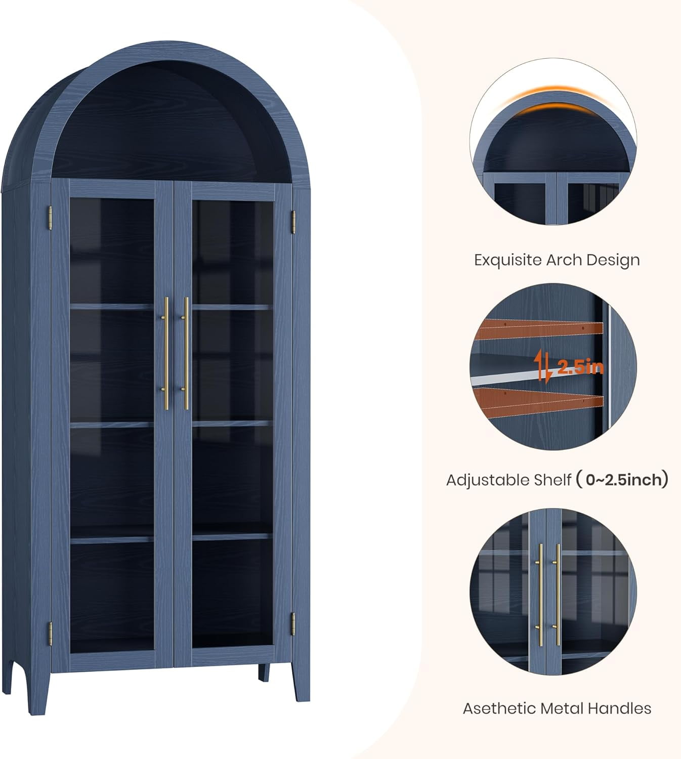 Memoryfield Farmhouse 5 Tier Bookcase Display Shelf, with Adjustable Shelf and 2 Large Glass Doors, Arched Kitchen Pantry Cabinet, Versatile Storage Cupboard, Night Blue